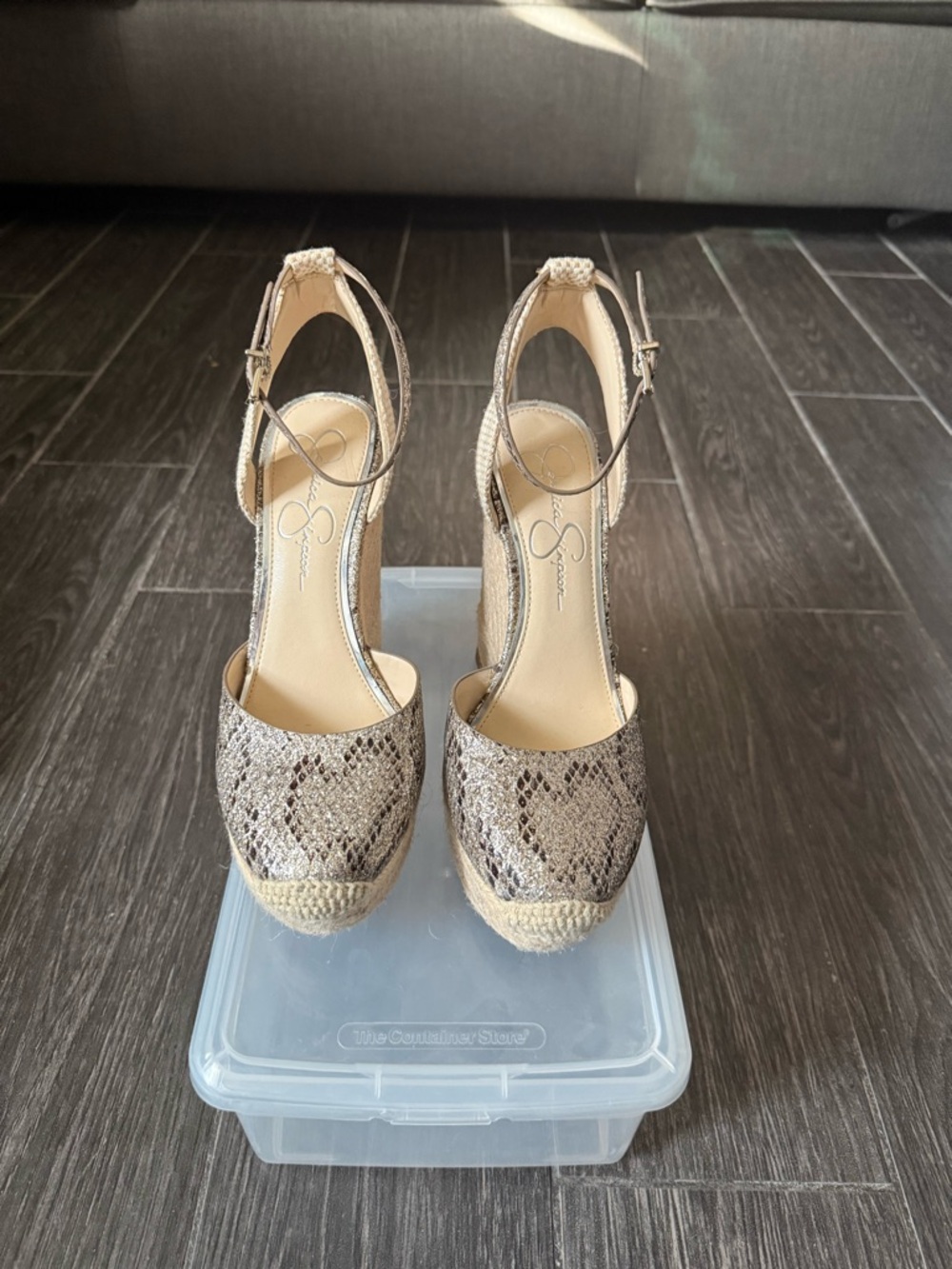Jessica Simpson Neutral Snake-Print Espadrille Wedges with Ankle Strap